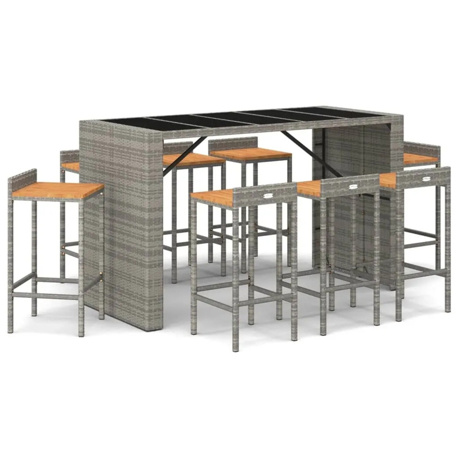 vidaXL 9-tlg Gartenbar-Set Grau aus Poly Rattan und Akazienholz mit Hartglas-Tischplatte - Bild 2