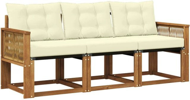 vidaXL Outdoor-Sofagarnitur aus Akazienholz und Textilene in Natur mit beigen Kissen - Bild 1
