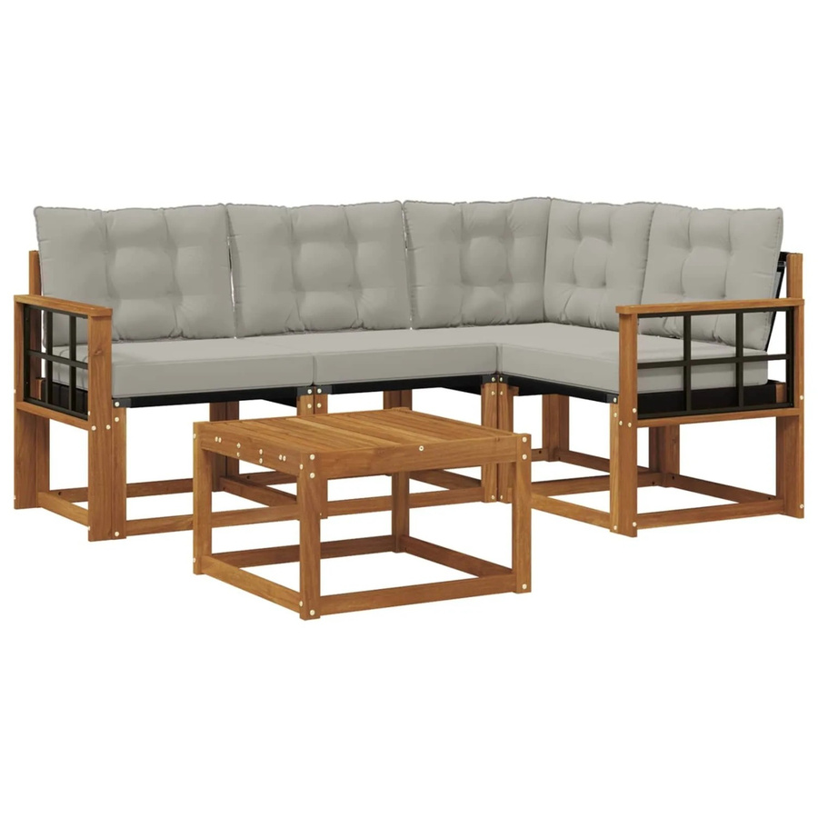 vidaXL Outdoor-Sofagarnitur 5-teilig aus Akazienholz und Textilene in Natur und Hellgrau mit Kissen und Armlehnen - Bild 2