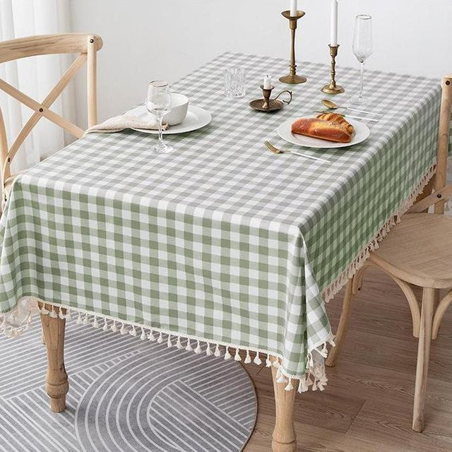 Wasser- und ölbeständige Baumwoll-Leinen-Tischdecke von Charming Home in Grün mit Karomuster und Quasten, B/T: 90 x 90 cm - Bild 1