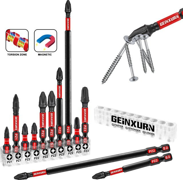 Geinxurn Pozidriv Impact Schraubendreher-Bit-Set aus S2-Stahl in Schwarz mit Aufbewahrungsorganisator (PZ1, PZ2, PZ3) - Bild 1