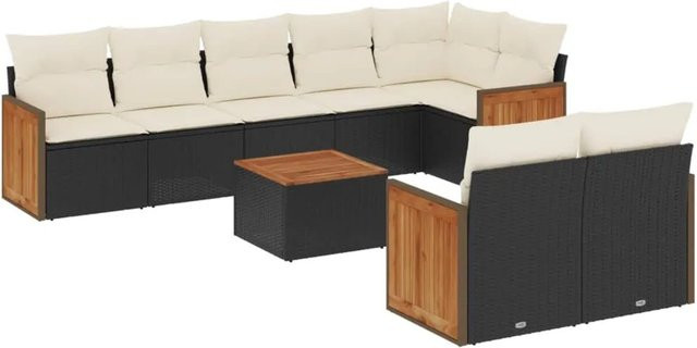 vidaXL 9-teilige Garten-Sofagarnitur in L-Form aus Polyrattan und Akazienholz mit Kissen in Schwarz-Creme - Bild 1