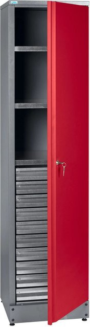 Küpper Materialschrank aus Stahlblech mit 1 Tür und 10 Schubladen in Dunkelrot, Höhe: 180 cm, Breite: 45 cm, Tiefe: 45,5 cm - Bild 1