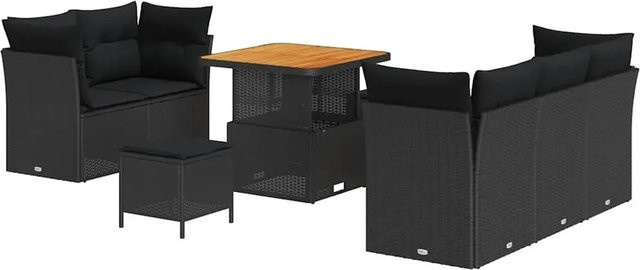 vidaXL Garten-Sofa-Set 8-teilig in Schwarz aus Poly Rattan und Akazienholz mit Tisch und Kissen in U-Form - Bild 1