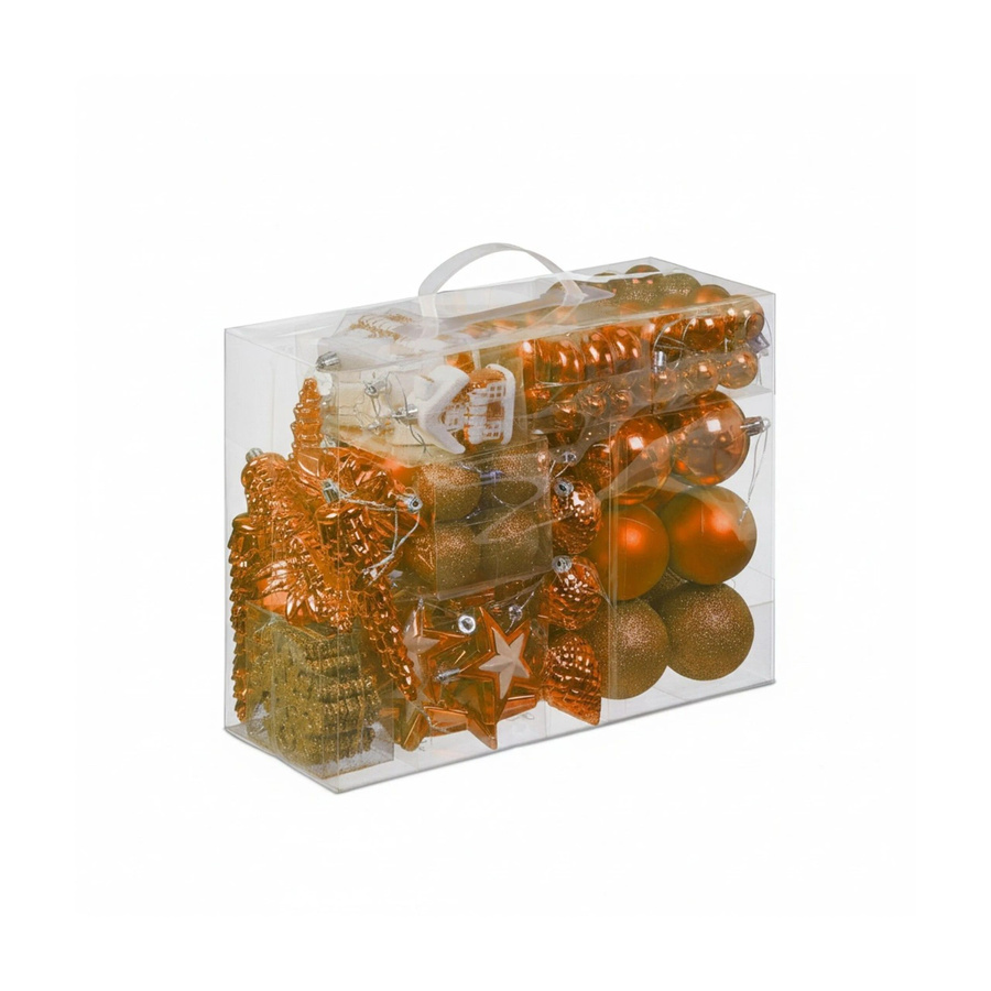Relaxdays Weihnachtskugeln Set aus Polystyrol in Orange mit verschiedenen Motiven wie Zapfen, Blumen, Sternen, Häusern und Schneeflocken inklusive Aufbewahrungsbox - Bild 2