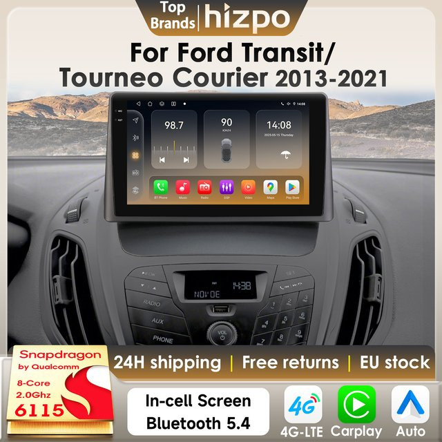 Hizpo Android 14 Intelligentes Autoradio für Ford Transit und Tourneo Courier 2013-2021 mit 8-Kern Qualcomm Snapdragon 6115, CarPlay, 4G und Bluetooth in Schwarz - Bild 1