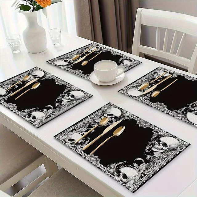 VIKAMA Tischset Gothic-Stil mit Totenkopf-Motiv, Schwarz, wasserdicht und rutschfest, Retro-Design für Halloween - Bild 1