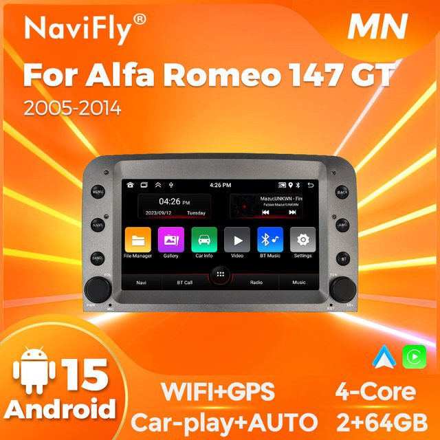 Navifly Android 15 Autoradio mit 7 Zoll Display, 4-Kern Prozessor, 64GB Speicher, Wireless CarPlay, Android Auto, Bluetooth und GPS für Alfa Romeo 147 GT 2005-2014, Schwarz - Bild 1