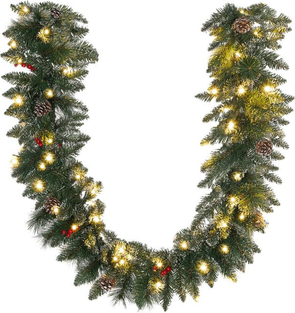 HOMCOM Weihnachtsgirlande mit 50 warmweißen LEDs und Timer, 1,8 m künstliche Tannengirlande mit Tannenzapfen und Beeren in Grün - Bild 1