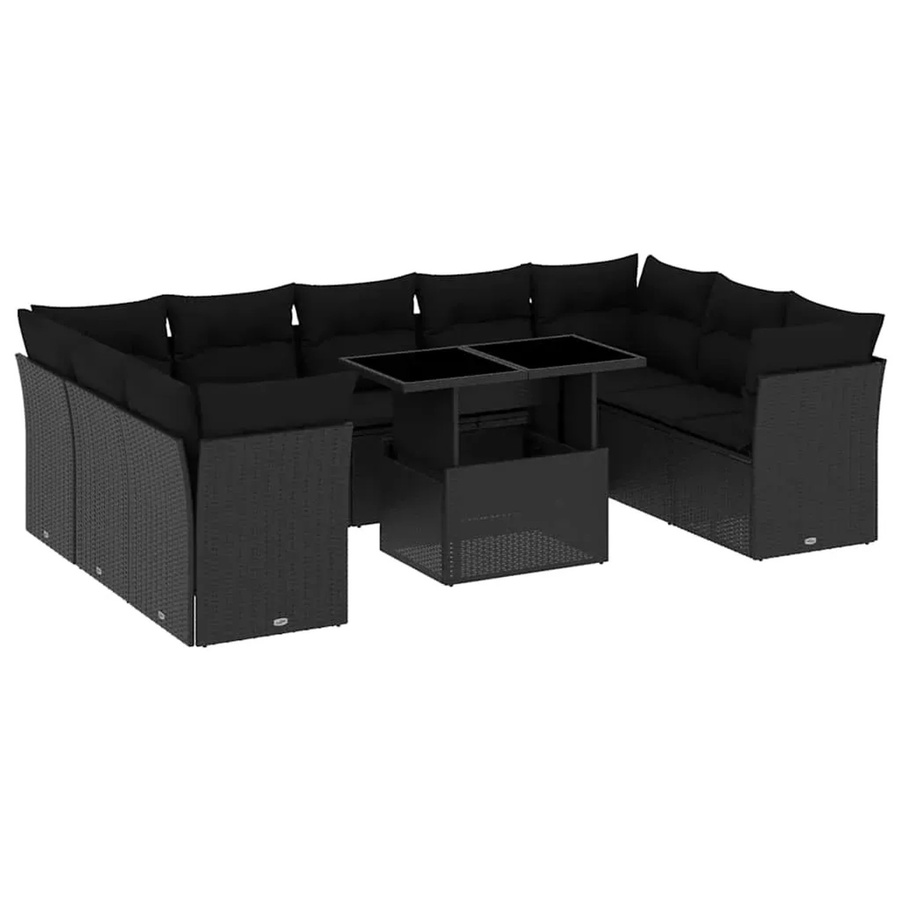 vidaXL 10-teilige Garten-Sofagarnitur in L-Form aus Poly-Rattan mit Kissen, Schwarz - Bild 2