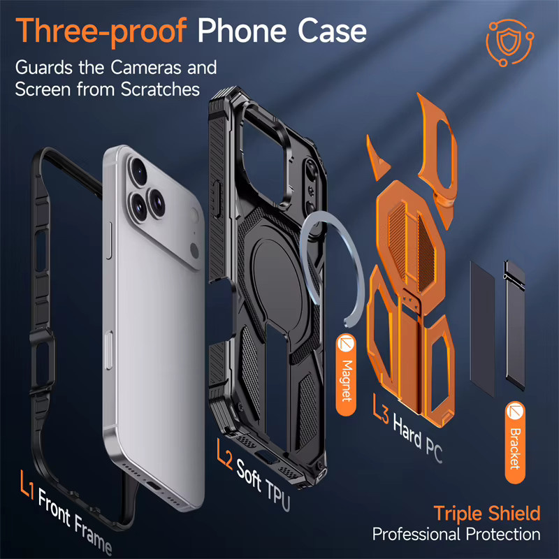 Newteneight Militärische Panzer-Schutzhülle mit Magnetmetall-Ständer für iPhone 16 E, Farbe: Orange, MagSafe kompatibel - Bild 4