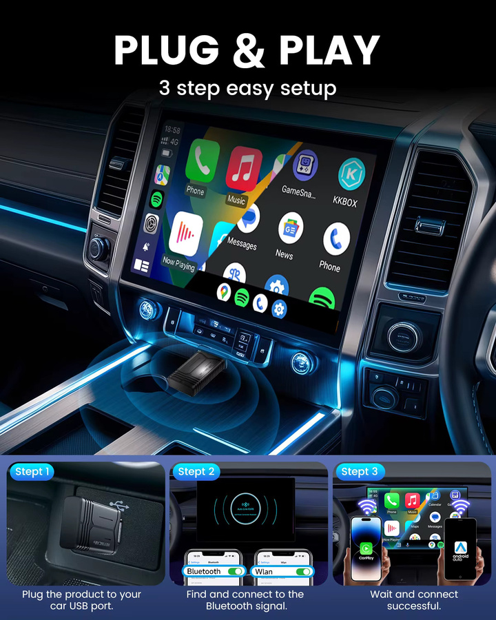 HEYINCAR 2in1 CarPlay und Android Auto Adapter für VW, kabelloser USB-Adapter mit Bluetooth, Schwarz - Bild 3