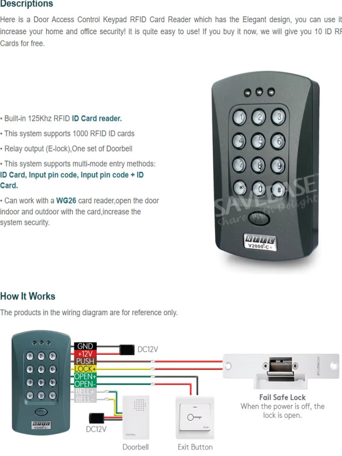 Türzugangskontroll-Tastatur mit RFID-ID-Näherungsleser und 10 ID-Karten im Schlüsselanhänger-Design, Schwarz - Bild 4
