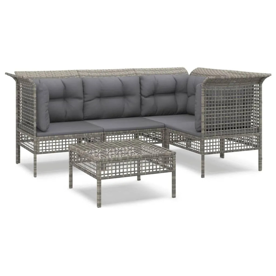 vidaXL 5-tlg Garten-Lounge-Set in L-Form aus grauem PE-Rattan mit Kissen und pulverbeschichtetem Stahlgestell - Bild 2