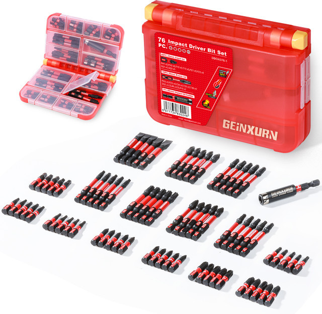 Geinxurn Schlagschrauber-Bits-Set aus S2-Stahl mit magnetischen Power-Bits-Spitzen und Aufbewahrungsbox in Rot - Bild 1
