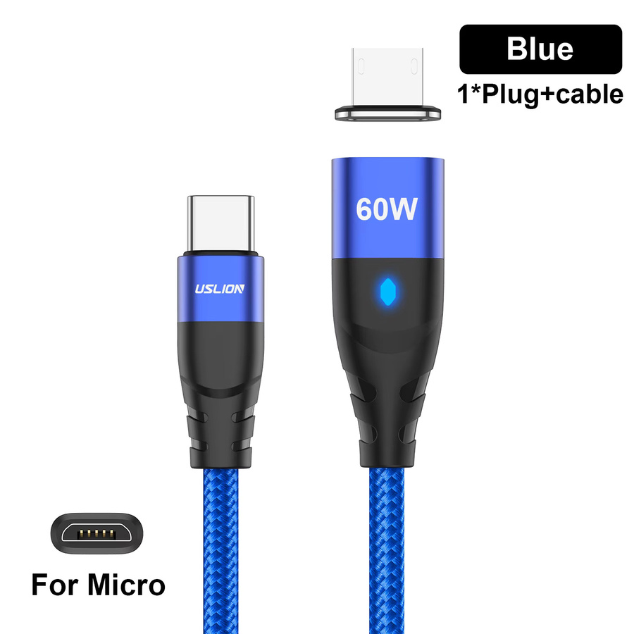 USLION PD 60 W magnetisches Schnellladekabel USB C auf USB C oder Micro USB für iPhone 15 14 Pro Xiaomi 13 und MacBook in Schwarz oder Blau - Bild 6