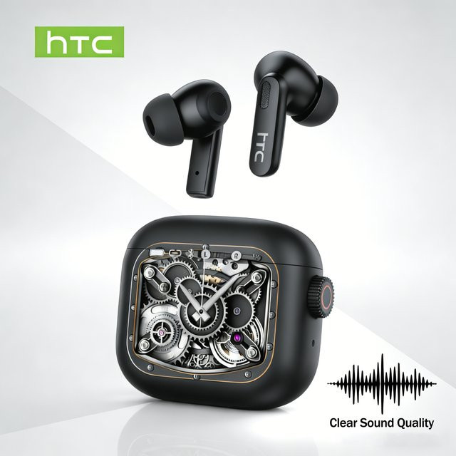 HTC TWS Bluetooth 5.2 Kopfhörer mit LCD-Display und Mikrofon in Schwarz - Bild 1