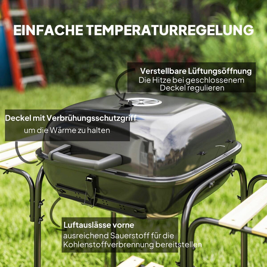 Outsunny Holzkohlegrill aus Stahl in Schwarz mit abschließbarem Deckel, Grillrost, Holzablage und Rädern, B/H/T: 54 x 91 x 98 cm - Bild 4