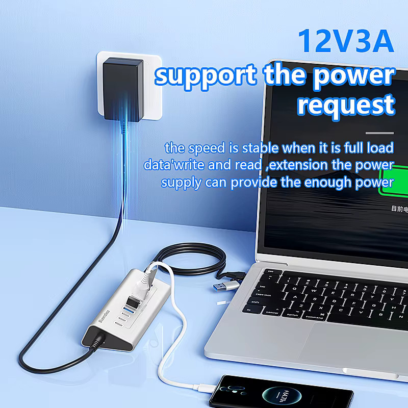 Kebidumei USB 3.0 Hub Dockingstation mit 4/7/10 Ports als USB-A und USB-C Expander aus Aluminium in Silber - Bild 4