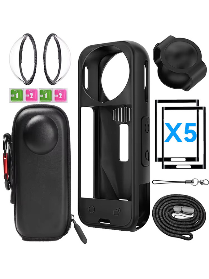 Insta360 X5 Schutzzubehör Kit in Schwarz mit Objektivschutz, Silikon-Schutzhülle, Displayschutzfolien und Kameratasche - Bild 2