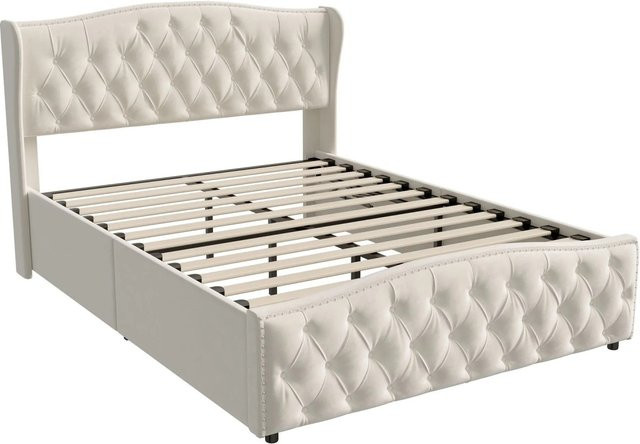 PXloue Polsterbett mit Stauraum aus Samt in Beige, B/T/H: 140 x 200 x 111 cm - Bild 1