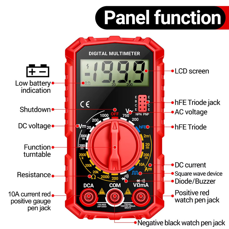 ANENG SZ308 Digitales Multimeter mit Rechteckwellen-Tester, AC/DC Spannung und 10A Strommessung, HFE Triode und Buzzer, Farbe: Rot - Bild 2