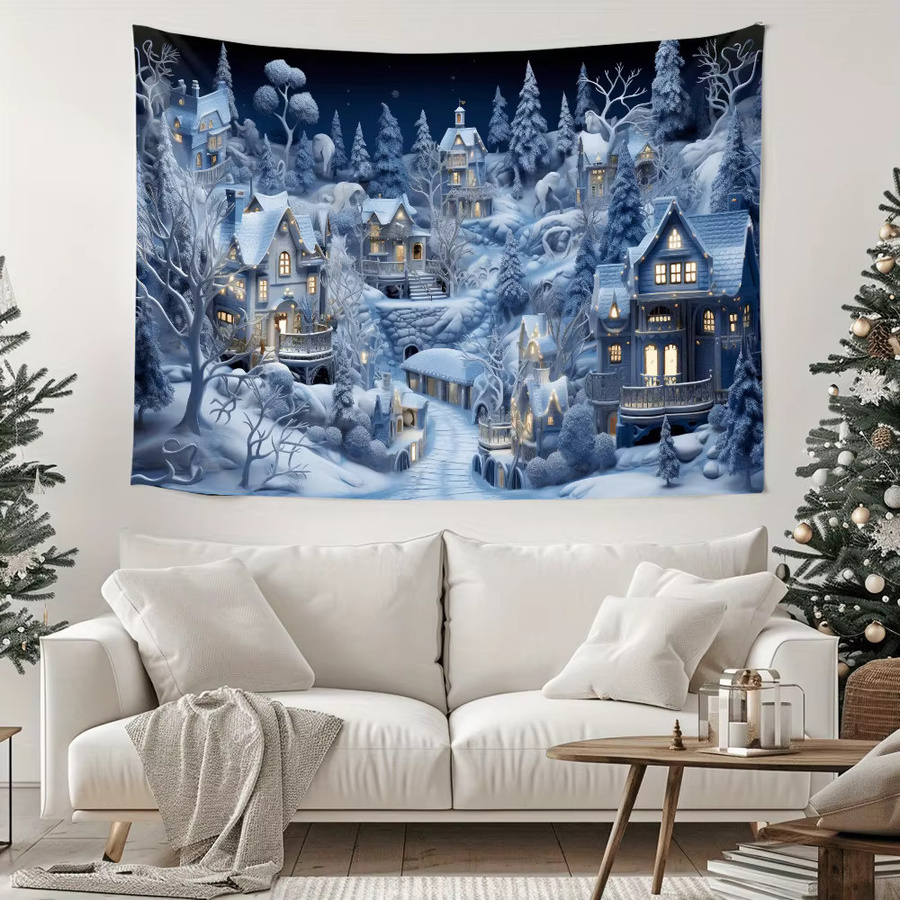 VIKAMA Weihnachts-Wandteppich mit verschneiter Weihnachtsdorf-Szene in Blau, dekorative Wanddekoration für Wohnzimmer und Neujahr, B/H: 60 x 60 cm - Bild 3