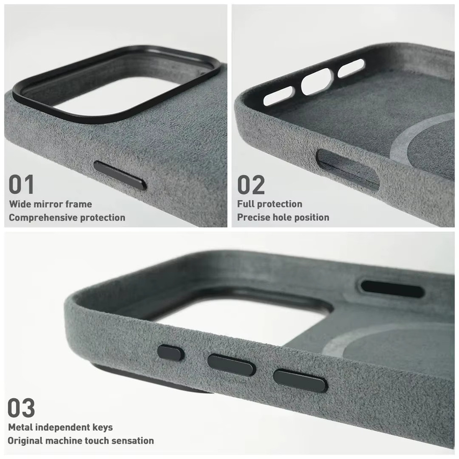 Premium MagSafe Magnetisches Ladeetui für iPhone 12 13 14 15 16 Pro Max Air aus Wildleder mit Metallknöpfen in Schwarz - Bild 3