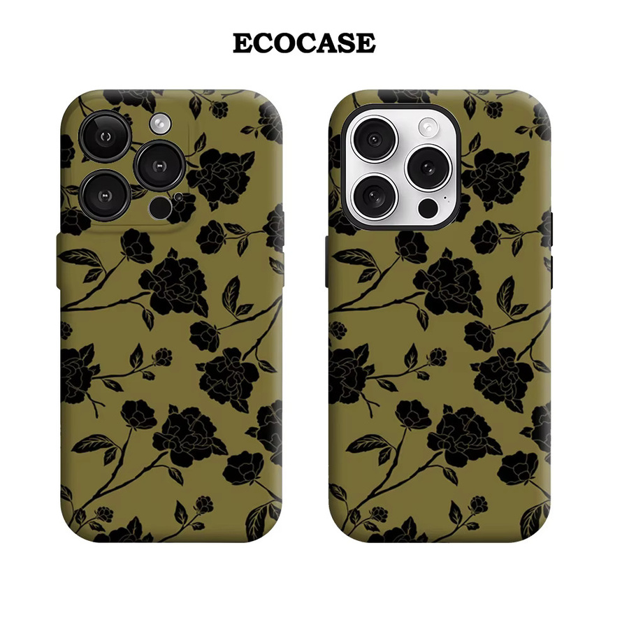 Handyhülle mit schwarzem Blumenmuster auf Olive für Apple iPhone 17 16 15 14 13 12 11 Pro Max Plus mit doppelschichtiger Rückseite - Bild 2