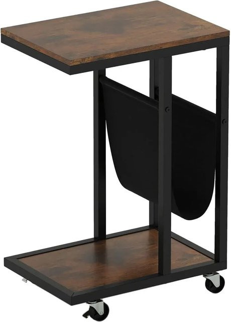 Costway Beistelltisch in C-Form mit Rollen, Sofatisch aus Holz und Metall, Braun/Schwarz - Bild 1