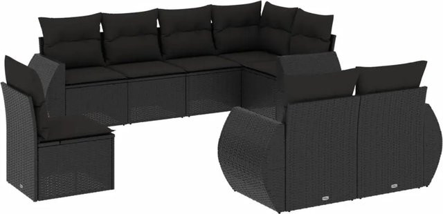 vidaXL 8-tlg Garten-Sofagarnitur aus Polyrattan mit Kissen in Schwarz - Bild 1