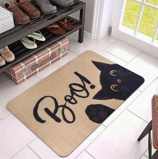 Rouxin eight Anti-Rutsch Teppich Schwarze Katze mit Motiv, bedruckte Fußmatte aus Polyester, B/T: 60 x 40 cm, Schwarz/Beige - Bild 1