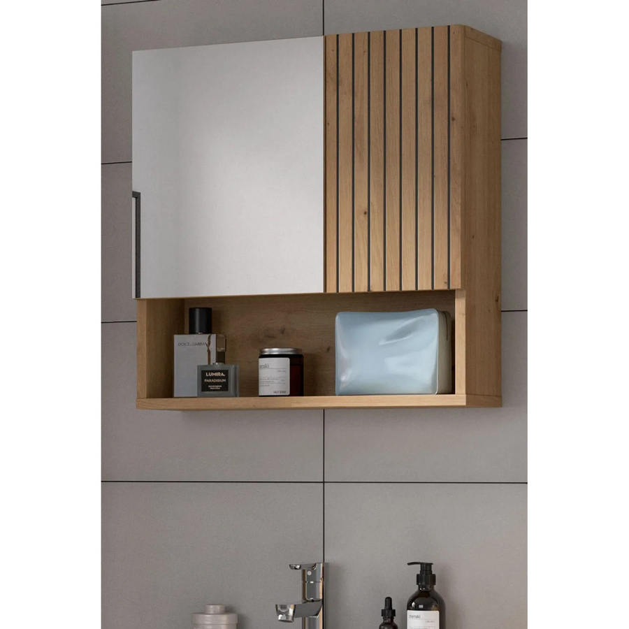 Inn.Furn Badezimmer Spiegelschrank Livia in Eiche Braun, Wandmontage mit Spiegeltüren und Regalfächern, B/H: 54 x 55 cm - Bild 2