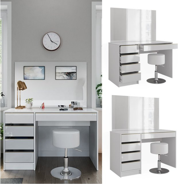 Vicco Schminktisch Sherry Set in Weiß Hochglanz und Gold mit Spiegel, Hocker und 5 Schubladen, B: 120 cm, T: 75 cm, H: 75 cm - Bild 1