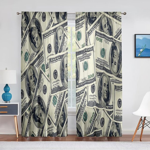 Dekorative Vorhänge mit 100 Dollar Schein Motiv Benjamin Franklin, 2er Set, Mehrfarbig Grün, B: 140 cm, H: 160 cm - Bild 1