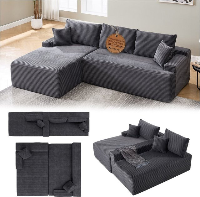 Juskys Ecksofa Coredo Links - 3 Sitzer L-Form mit Ottomane in Dunkelgrau aus Cord - Bild 1