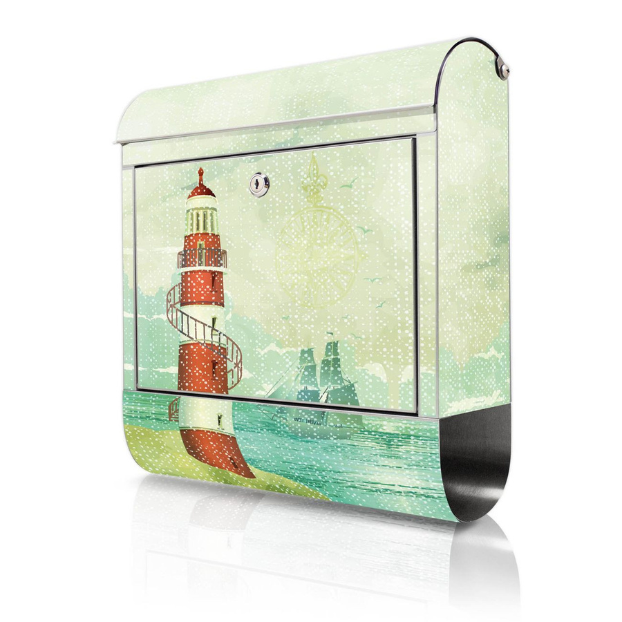 banjado Wandbriefkasten aus Edelstahl rostfrei mit Motiv Alter Leuchtturm, Farbe Silber/Mehrfarbig, B/T/H: 38 x 43 x 12,5 cm - Bild 1