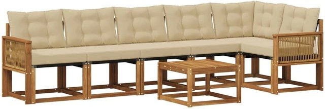 vidaXL Outdoor-Sofagarnitur L-Form aus Akazienholz mit 7 Kissen in Natur und Beige - Bild 1