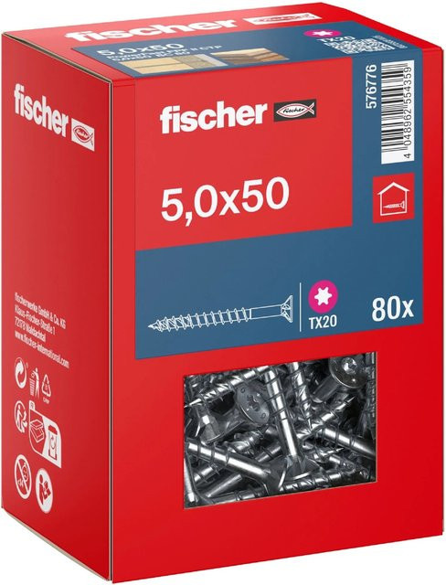 Fischer PowerFast II Senkkopf Schraube mit Torx-Antrieb und Teilgewinde aus verzinktem Stahl, Durchmesser: 5 mm, Länge: 50 mm, 80 Stück - Bild 1