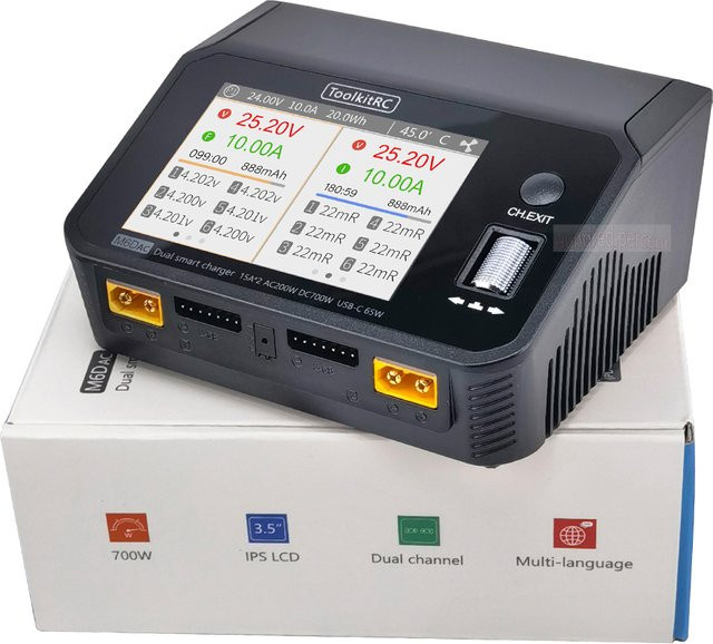ToolkitRC M6DAC Dual-Channel Smart Lipo Akku-Ladegerät und -Entlader in Schwarz mit AC 200W, DC 350WX2, 15A für 1-6S LiHV und 65W PD USB-C - Bild 1