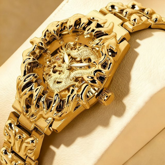 MEIRUIQI Armbanduhr Automatik, Edelstahl, Gold, Herren, Drachenmuster - Bild 1