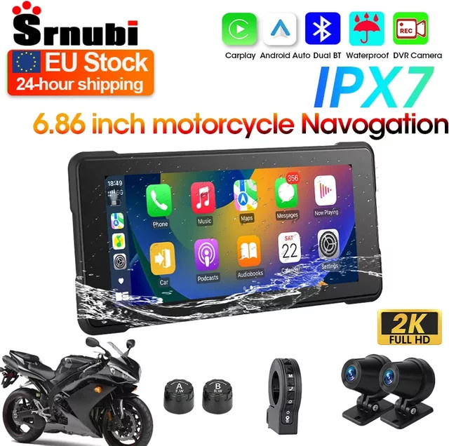 Srnubi Motorrad-Navigations-DVR mit 6,86 Zoll Display, 2K-Objektiv, IPX7 wasserdicht, kabelloser CarPlay und Android Auto mit Bluetooth und GPS, Schwarz - Bild 1