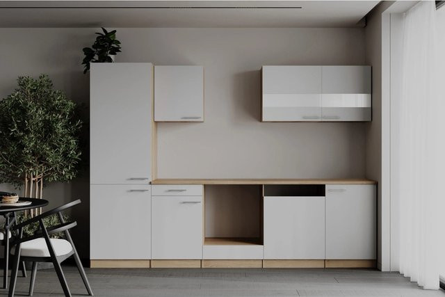 Respekta Küchenzeile Merle modern in Weiß und Grau mit Eiche Sägerau Nachbildung und Soft-Close-Türen, Breite: 280 cm, Höhe: 200 cm, Tiefe: 60 cm - Bild 1
