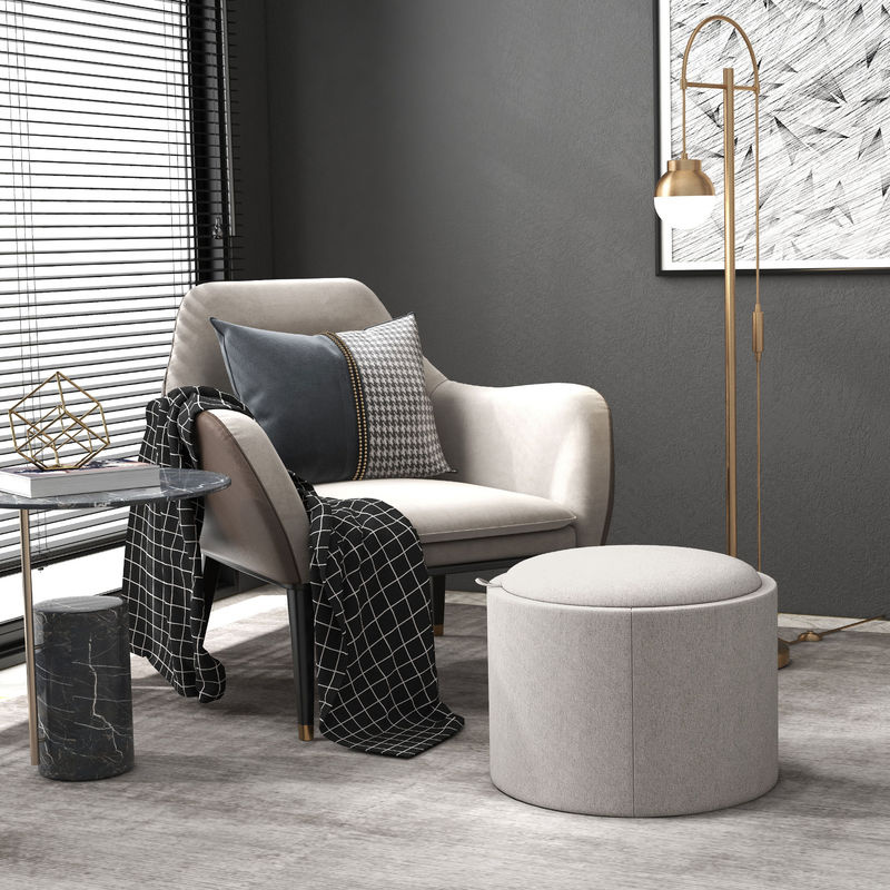 HOMCOM Sitzhocker mit Stauraum in Leinenoptik, runder Polsterhocker mit Klappdeckel für Wohnzimmer und Schlafzimmer, Hellgrau, B/T/H: 56 x 56 x 42 cm - Bild 2