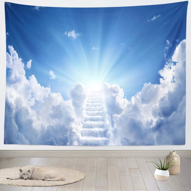 Wandteppich von JMG Household Supplies mit minimalistischem Wolken-Treppenhaus-Motiv in Weiß und Blau, B: 70 cm, H: 100 cm - Bild 1