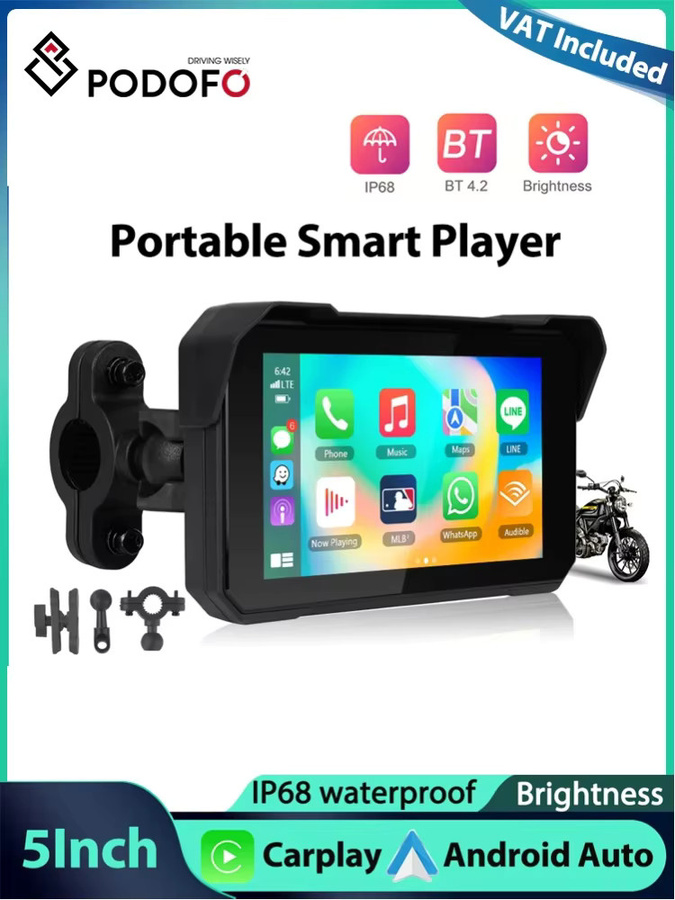 Podofo 5 Zoll IPS-Bildschirm mit Carplay und Android Auto, Motorrad-Monitor mit Reifendrucküberwachung, IP68 wasserdicht und Bluetooth, Schwarz - Bild 6