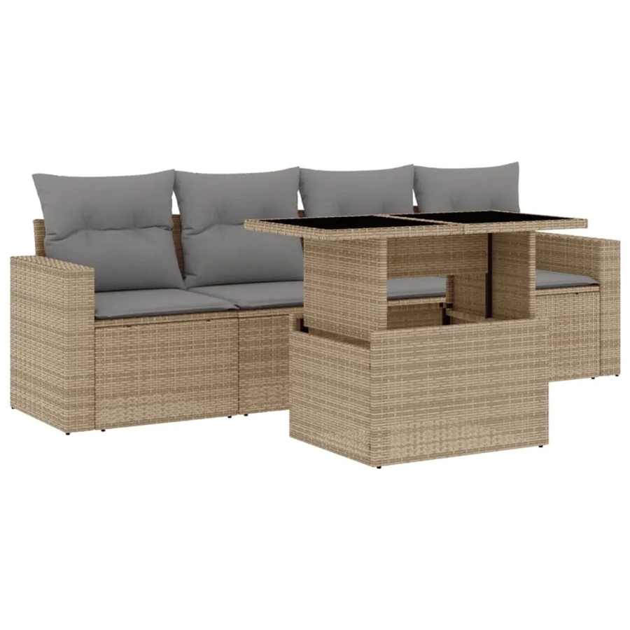 vidaXL 5-tlg Garten-Sofagarnitur aus Poly-Rattan in Beige mit Kissen und Gartentisch - Bild 2