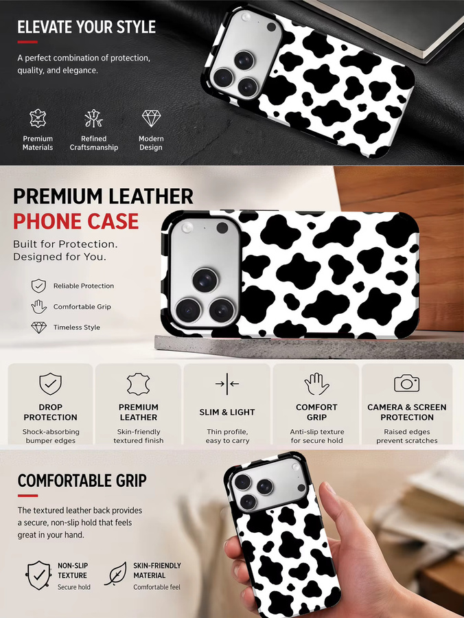 Stoßfeste Handyhülle in Kuhfell-Optik für iPhone 11 bis iPhone 18 Pro Max, weiß und mehrfarbig - Bild 2