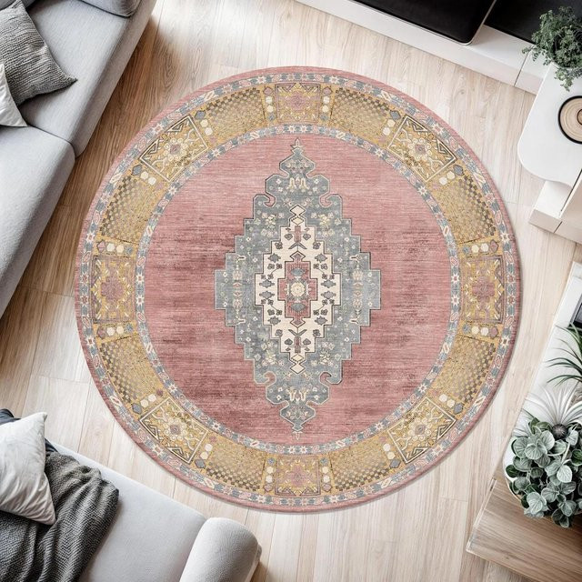 Runder Teppich Lodestar im Vintage-Stil mit geometrischem Muster in Rosa und Braun, Durchmesser: 80 cm - Bild 1