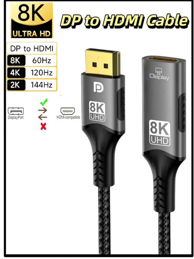 FDBOY 8K DisplayPort auf HDMI Kabel in Schwarz für unidirektionale Übertragung mit 8K@60Hz und 4K@120Hz für PC, Laptop und Fernseher - Bild 7